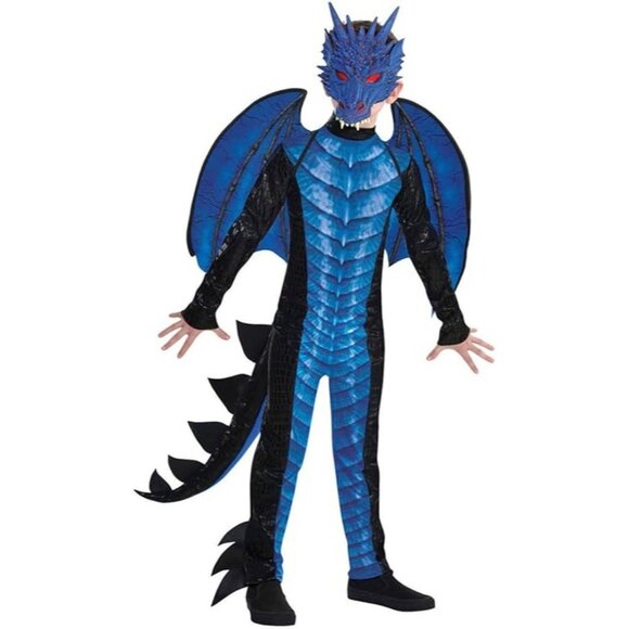 Deadly Dragon Kids Costume Black Blue scales Mask Tail Wings Halloween Boys 8-10 - Picture 2 of 6